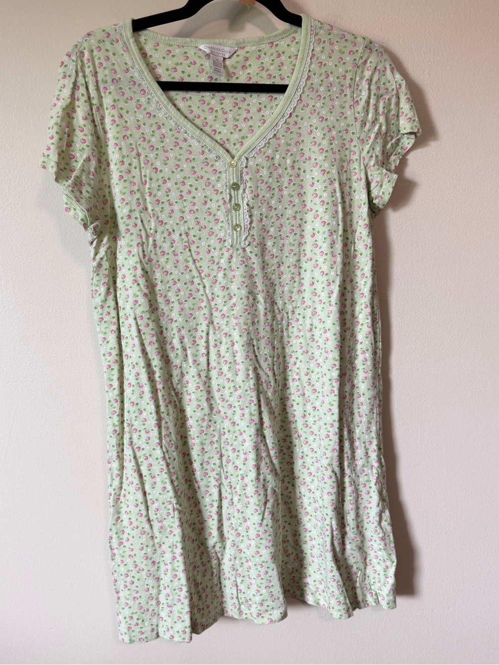 100% cotton pink green floral mini dress with lace henley details size small - Picture 1 of 4